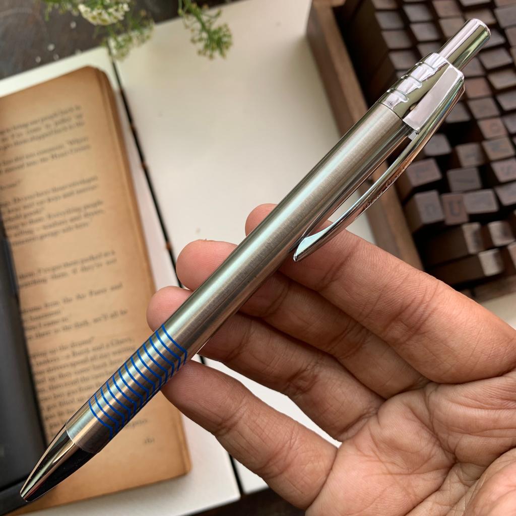 INOX Stainless steel Blue Stripe Ball Pen  | with Blue Ink