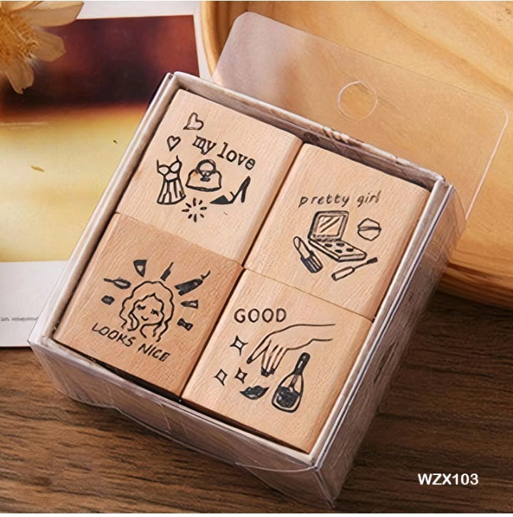 WZX103 - Wooden Stamp | Size : L 25mm x W 25mm x H 25 mm | 4 Pcs