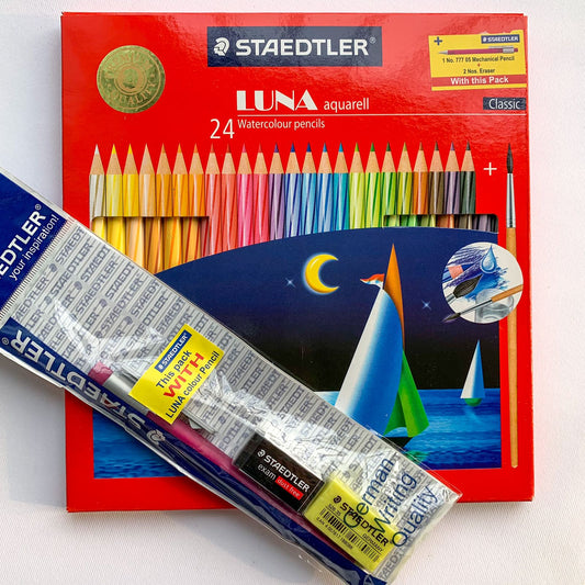 STAEDTLER - 24 Pcs Watercolor Pencil Set with Freebies 1 Mechanical Pencil + 2 Erasers